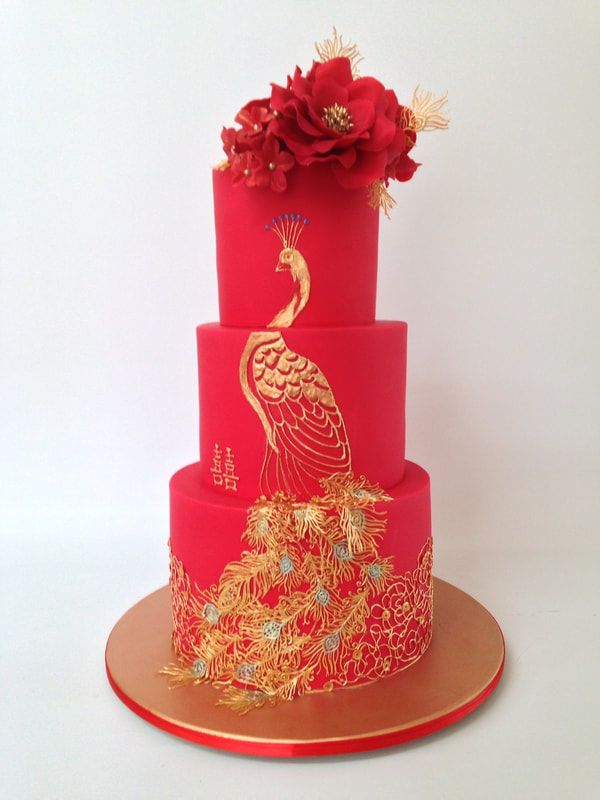 3 tier red and gold Chinese wedding cake